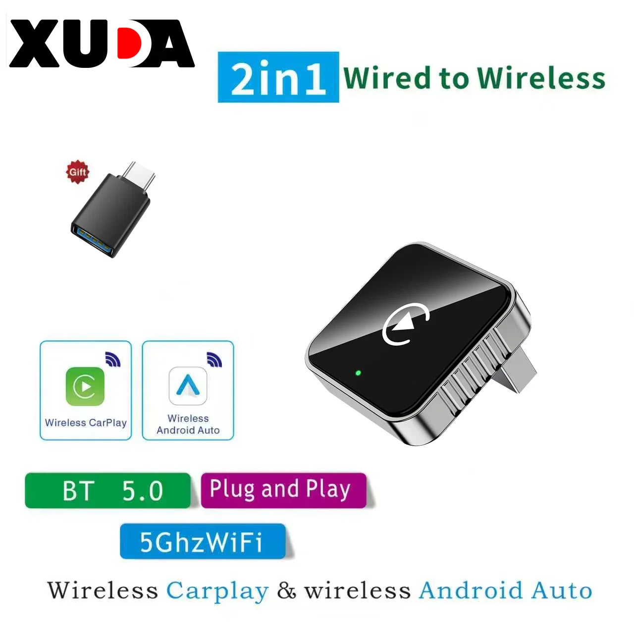 Techzzy XUDA 2-in-1 Wireless CarPlay & Android Auto Adapter – Plug & Play USB Dongle for OEM Car Stereo